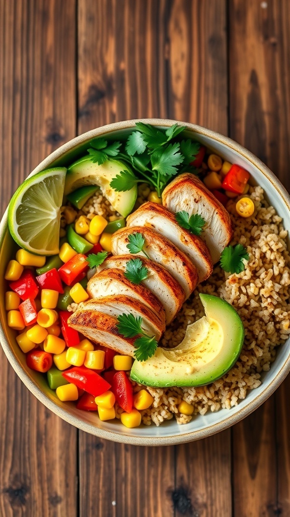 A colorful jerk chicken quinoa bowl with grilled chicken, quinoa, bell peppers, corn, and avocado, garnished with cilantro and lime.